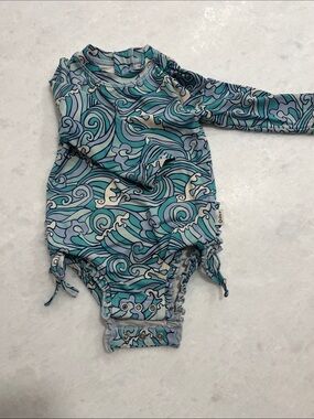 Quince Baby One-Piece Swimsuit in Teal, Aqua, Navy Wave Print